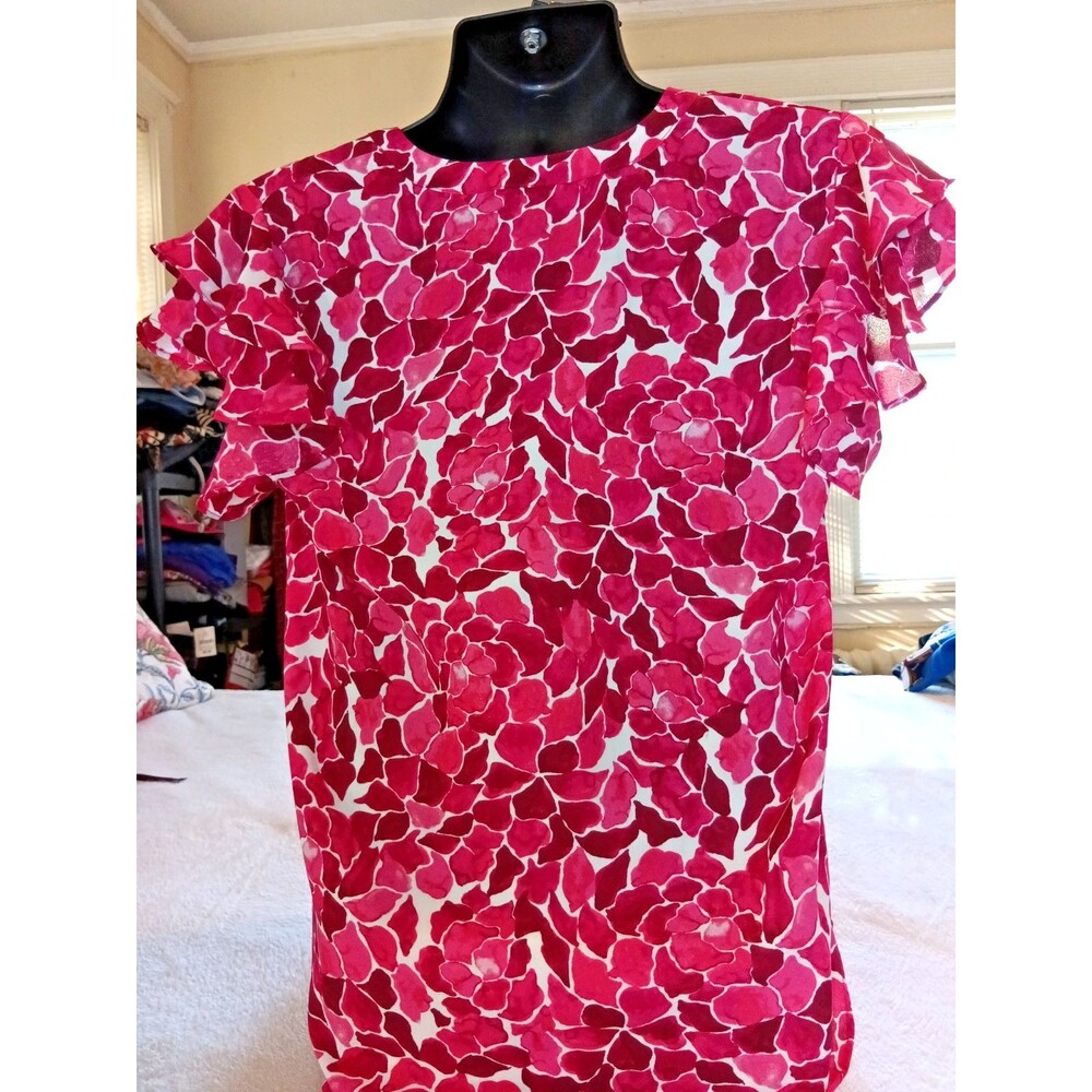 Zac & Rachel Medium Pink Floral Ruffle Short Sleeve V Neck Cottage core Top Blou - Picture 7 of 7